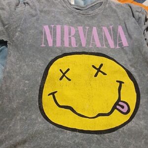 NIRVANA Gray Tee with Yellow Smiley and Purple Text